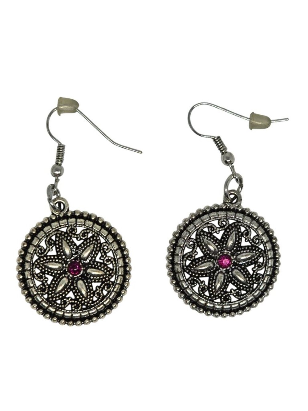 Vintage Silver Tone Filigree Flower Dangle Earrings Pink Rhinestone Boho‎ Round